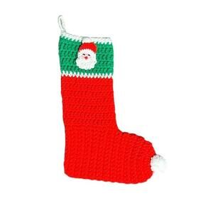 Handmade Vintage Crochet Christmas Santa Stocking Red Green White 18"